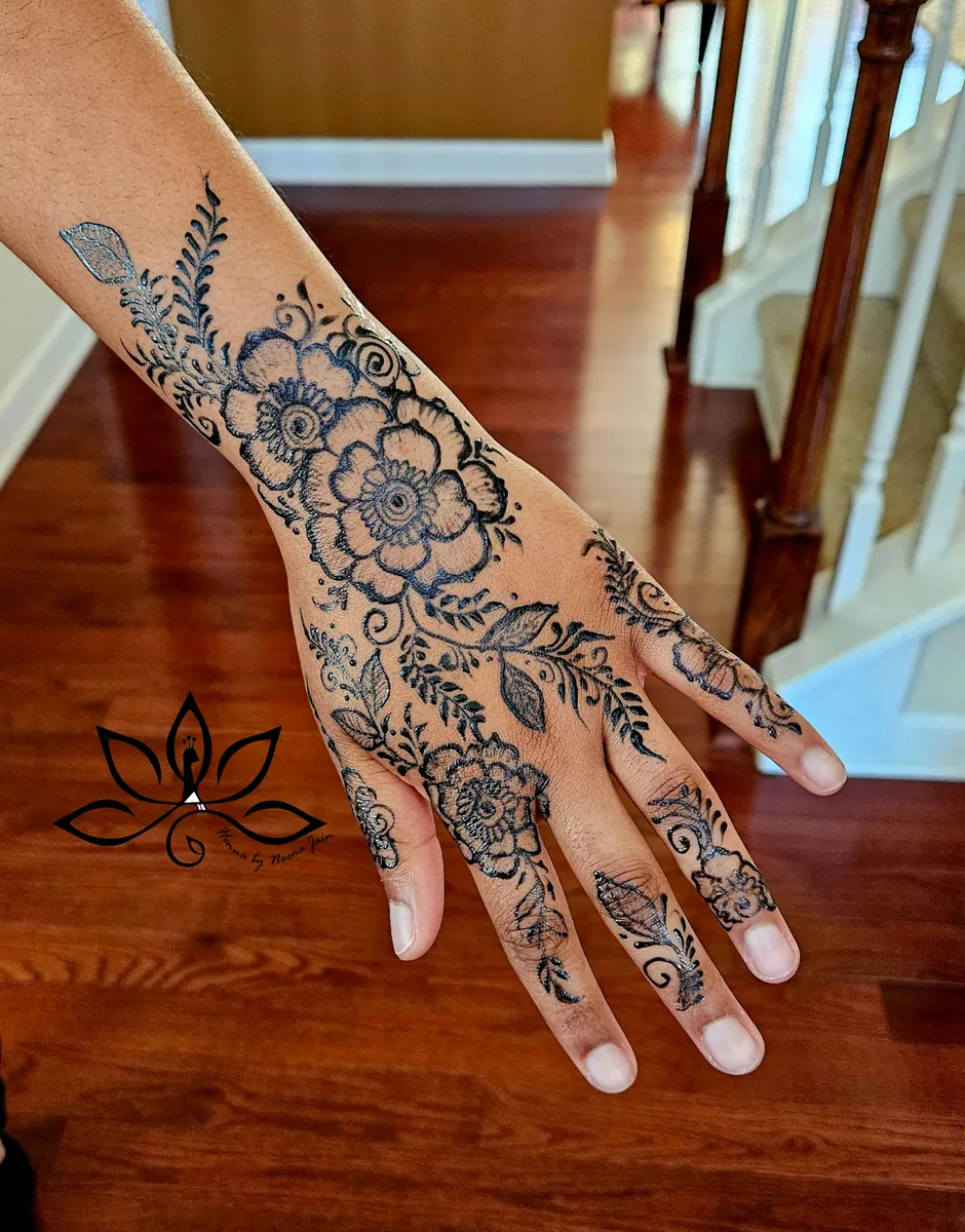 Blue-black jagua design on a hand and wrist